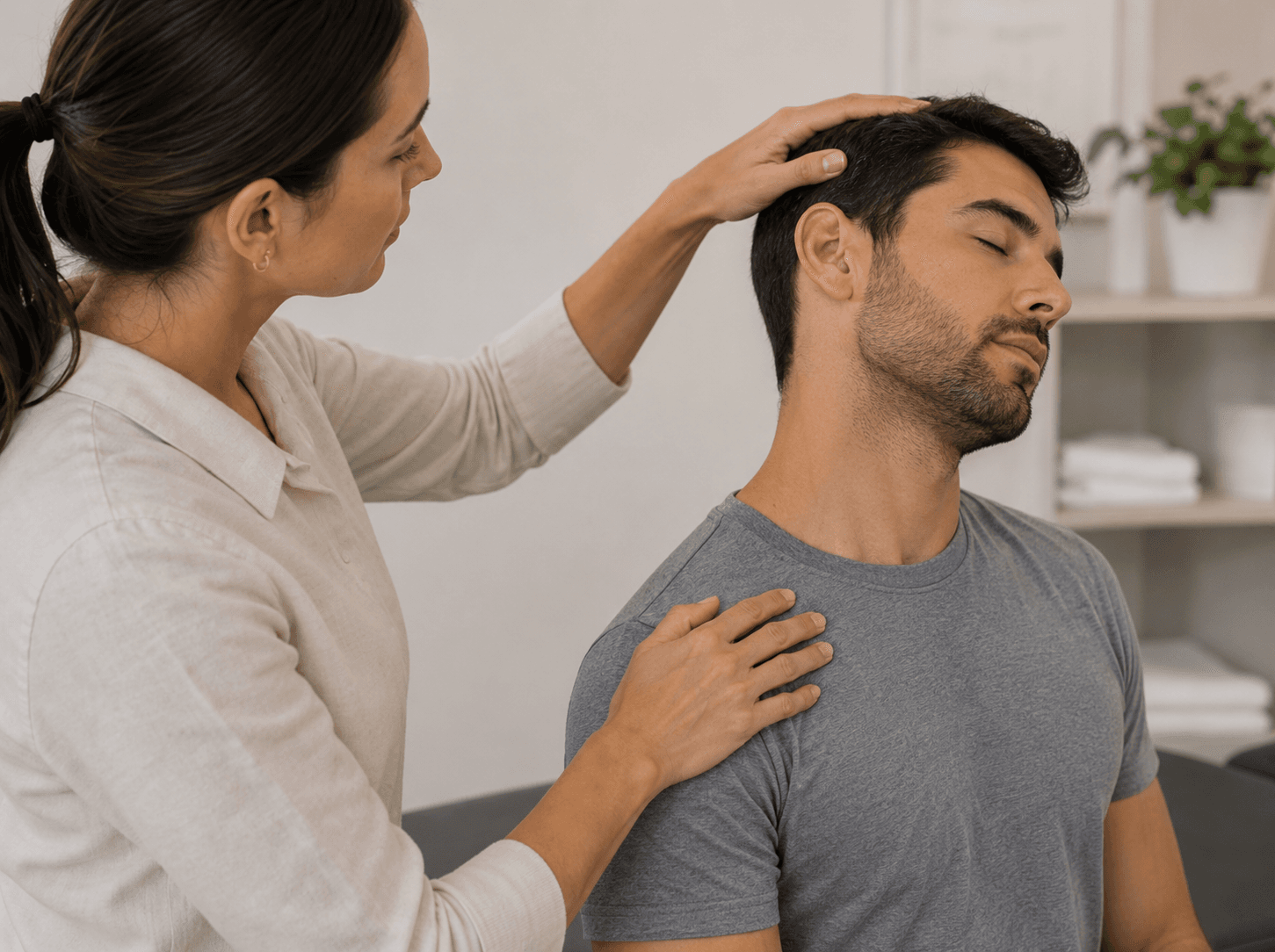 Chiropractor guiding a patient through a shoulder mobility assessment
