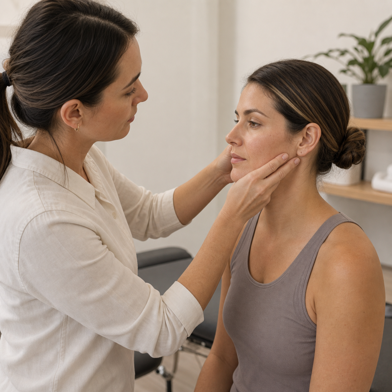 Chiropractor assessing jaw and TMJ area