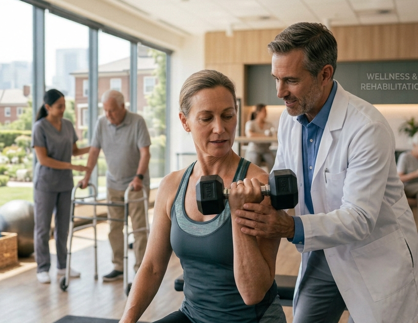 Patient performing guided strength and movement exercise